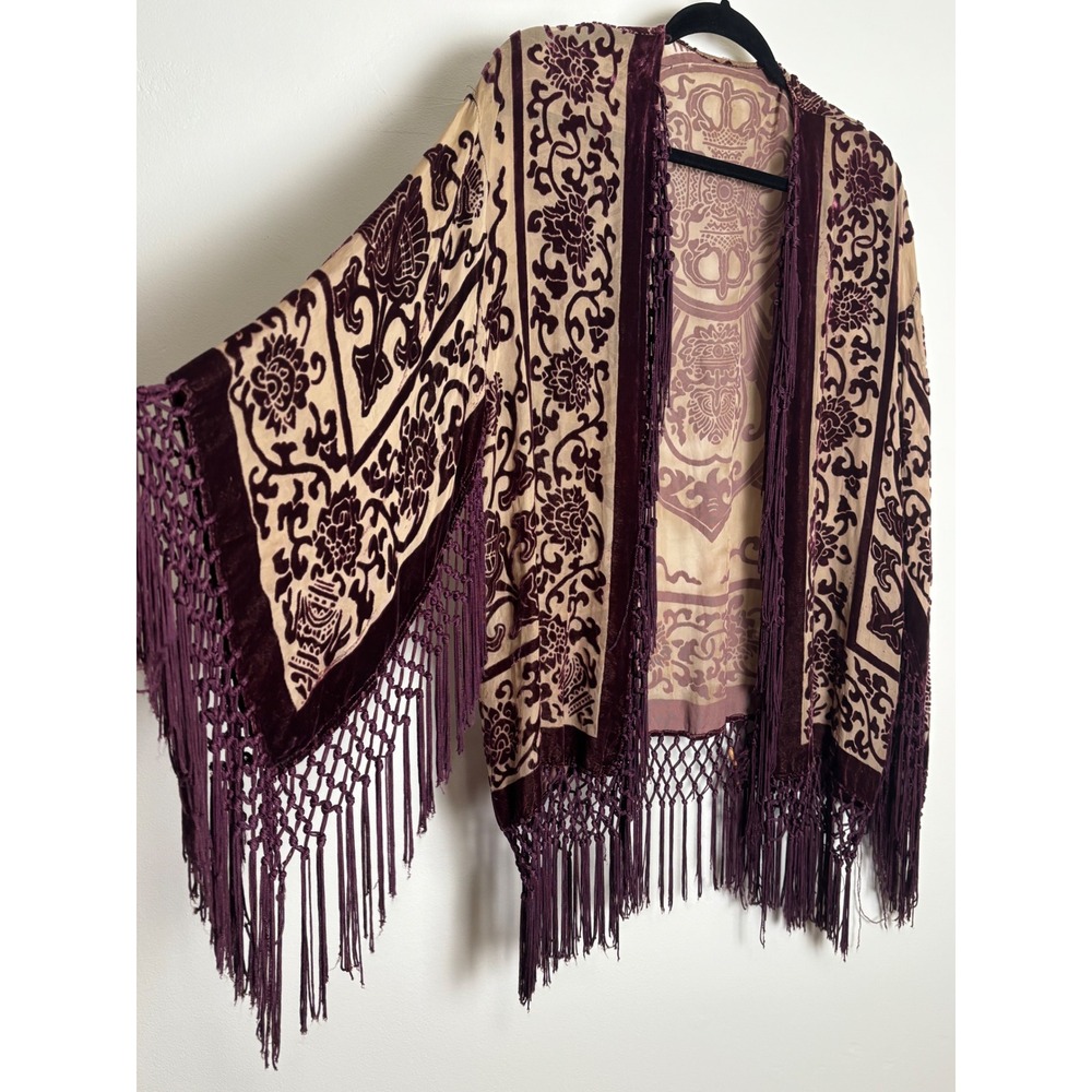 Womens Velvet Burnout Kimono One Size Fringe Dark Romantic Floral Boho Wrap